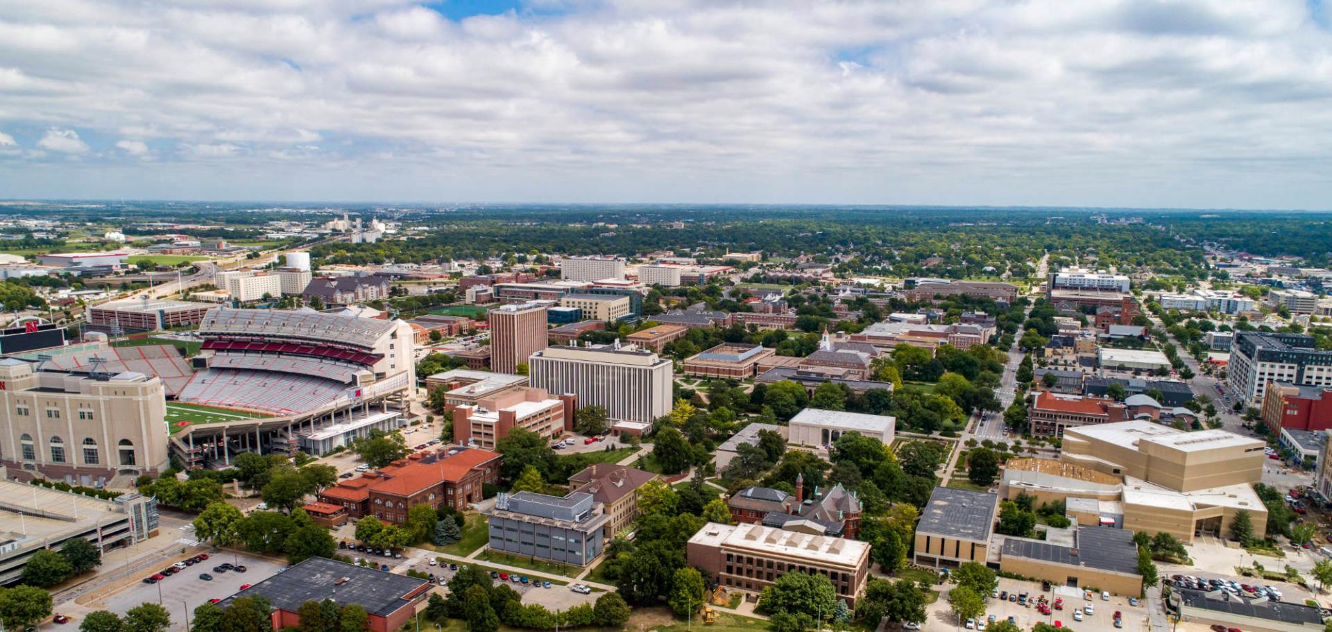 Aerial photo of city campus with stadium